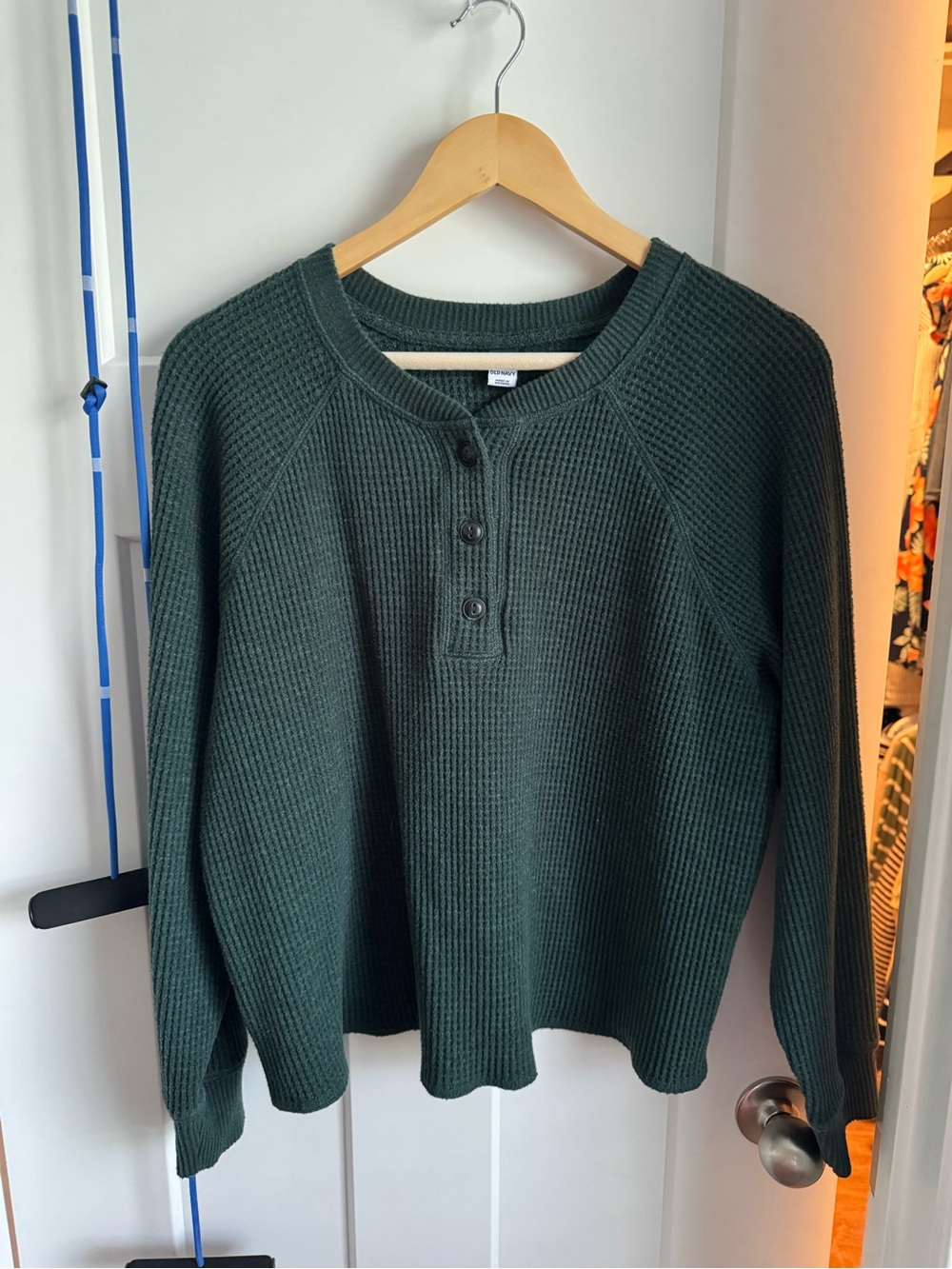 Waffle-Knit Henley Sweater - Dark Green